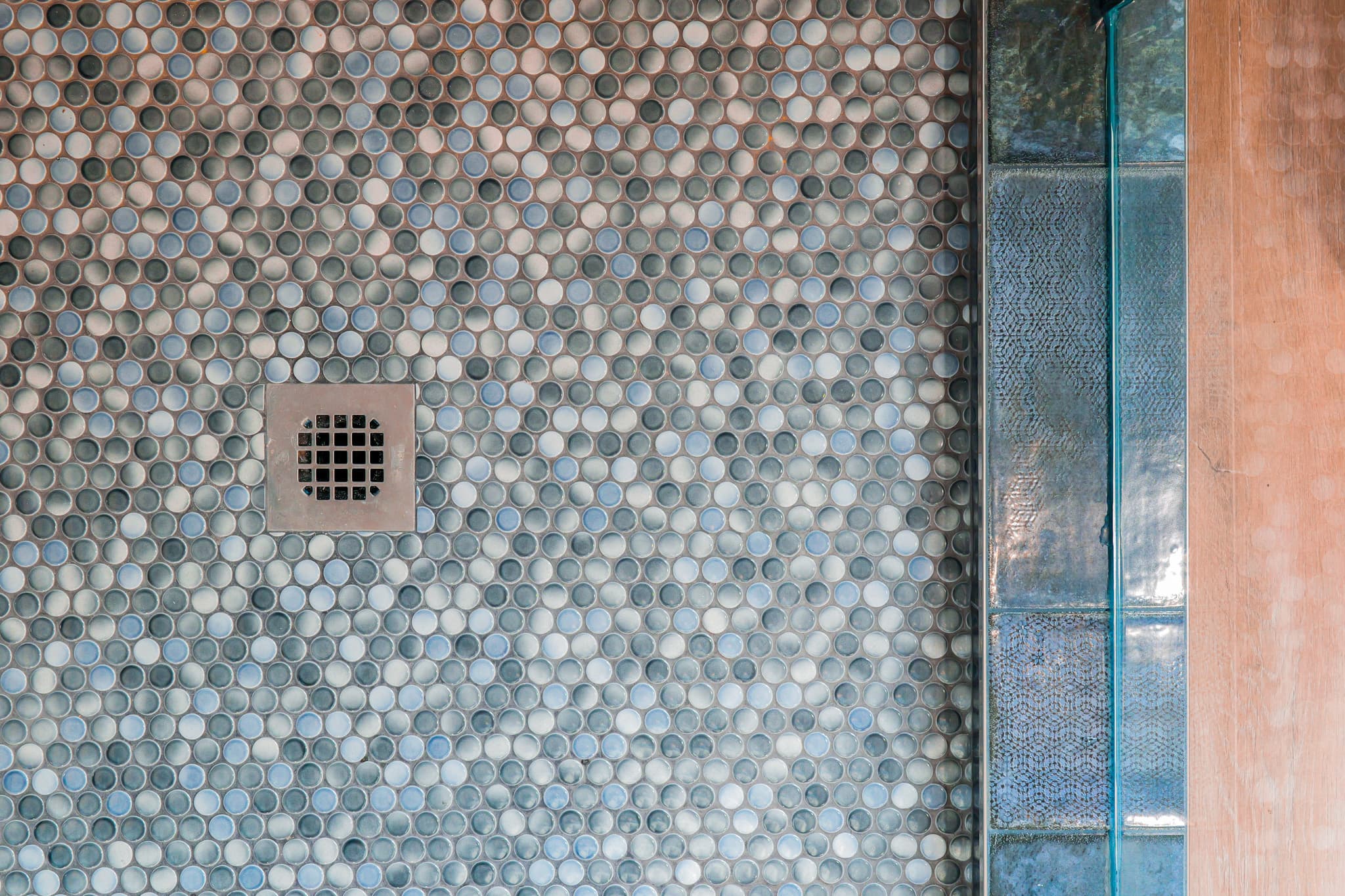 Bathroom Remodel in Sacramento — walk-in shower, mosaic backsplash, tiled shower surround, frameless glass shower, ceramic tile flooring