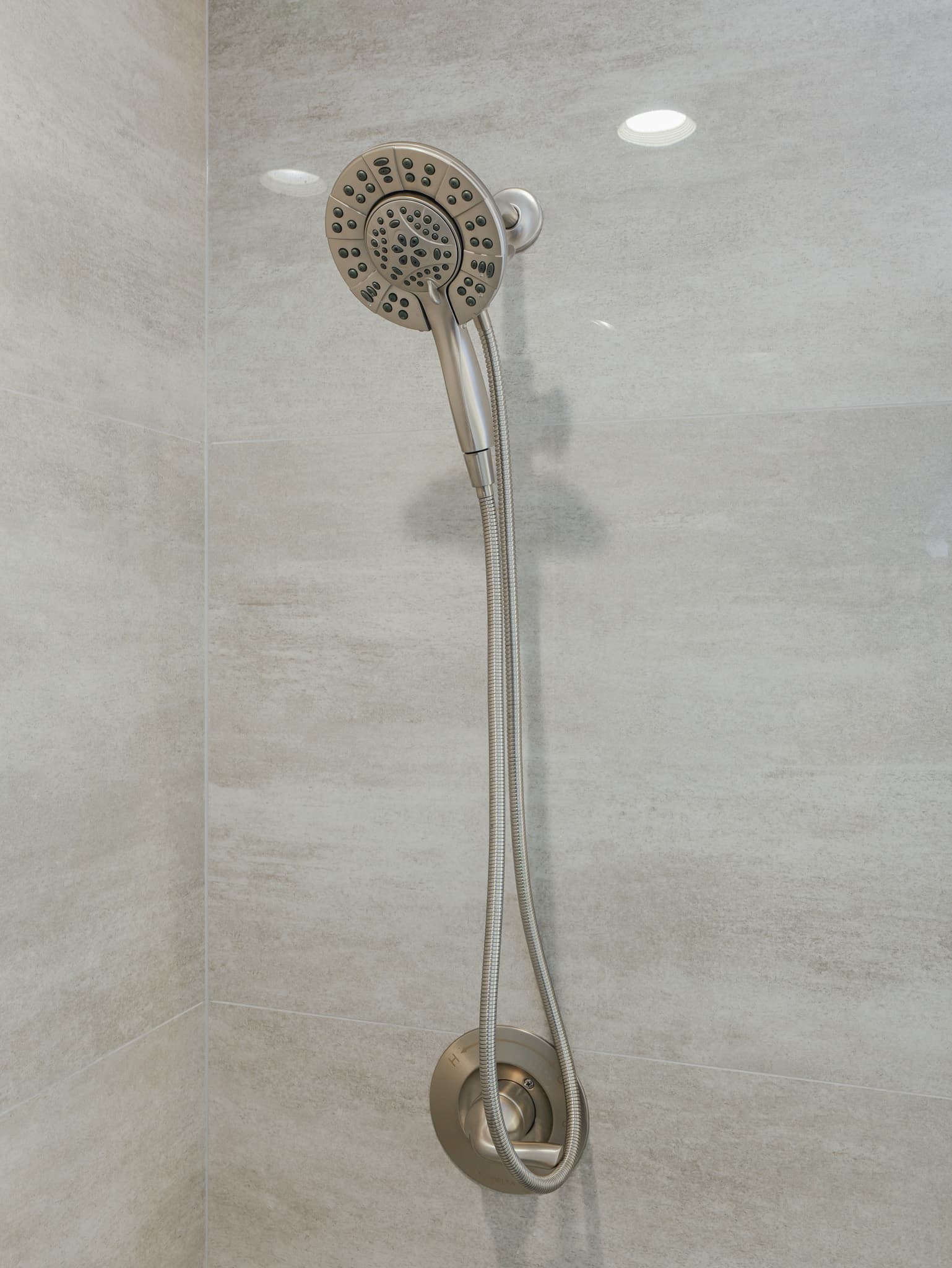 Bathroom Remodel in Sacramento — handheld shower, tiled shower surround, walk-in shower, recessed lighting