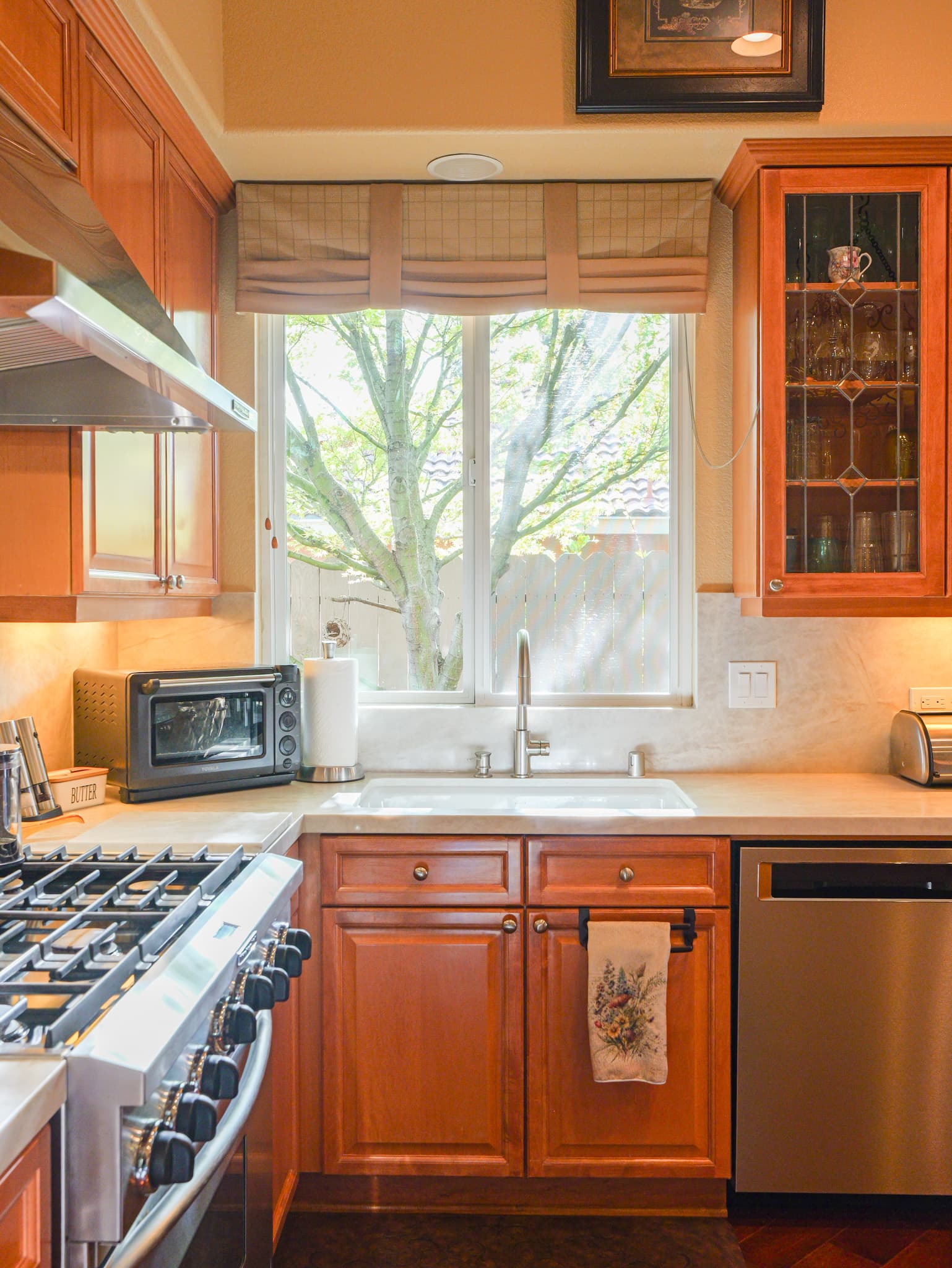 Kitchen Remodel in Roseville — raised-panel cabinets, professional gas range, range hood, farmhouse sink, under-cabinet lighting